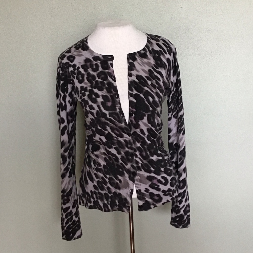 Ann Taylor Silk Cotton Cashmere Leopard Print Ruching Cardigan Women's Small